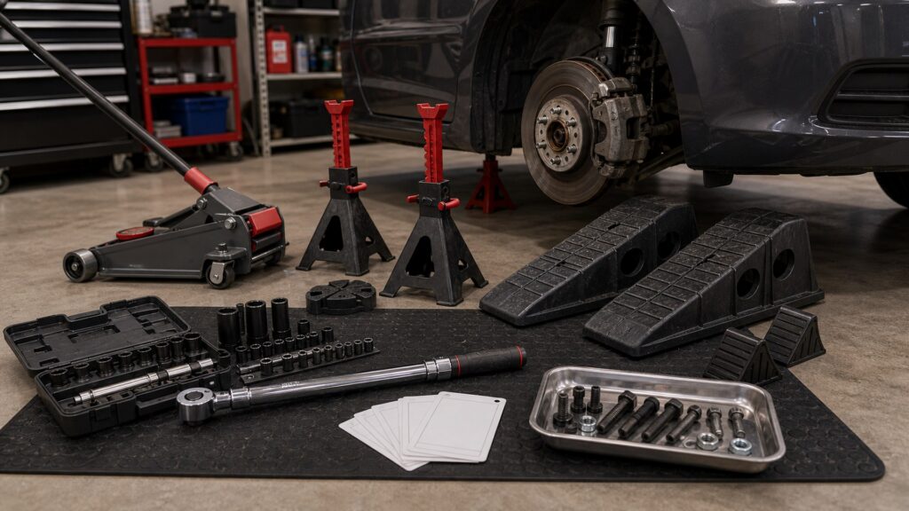 jack stands & ramps shopping setup for repair planning with practical vehicle-focused details