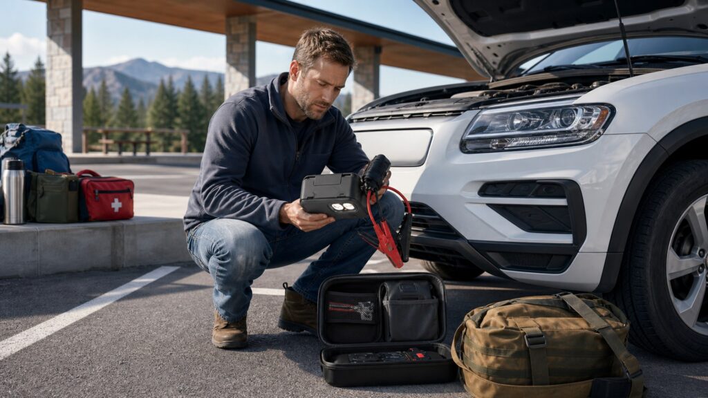 jump starter power banks shopping setup for long-distance road trips with practical vehicle-focused details