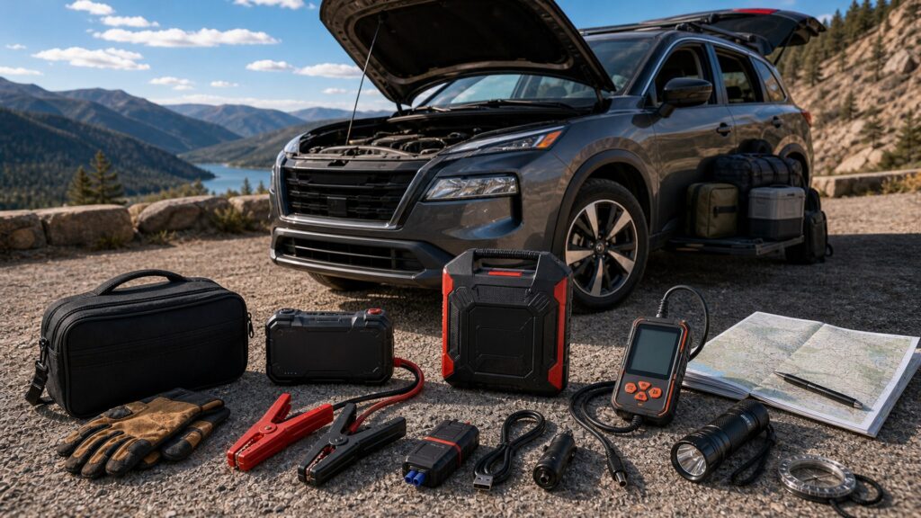 jump starters shopping setup for long-distance road trips with practical vehicle-focused details