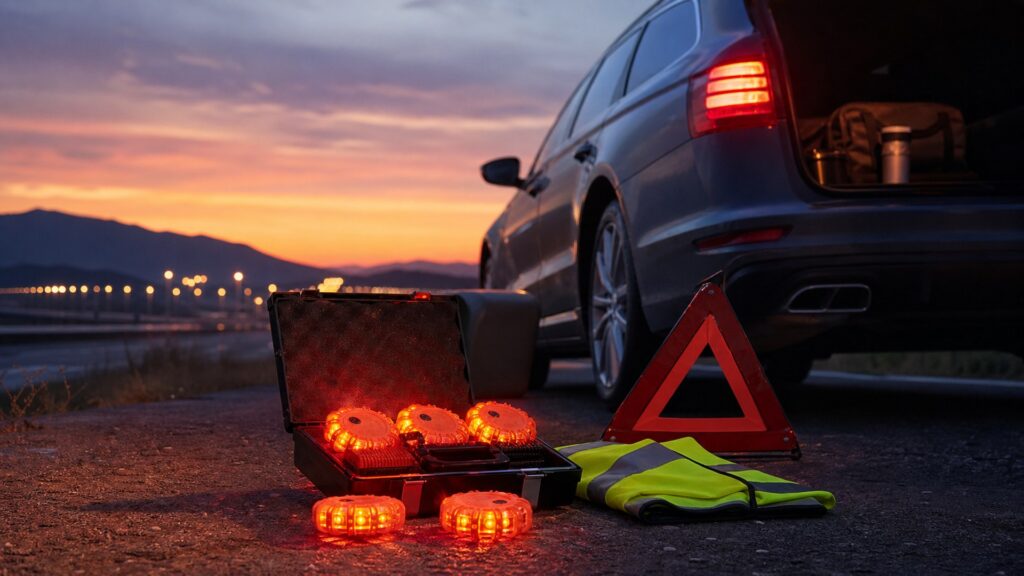 led road flares shopping setup for long-distance road trips with practical vehicle-focused details