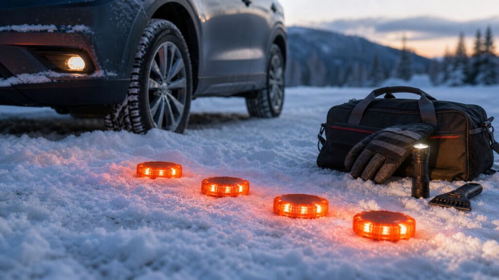 led road flares shopping setup for winter travel kits with practical vehicle-focused details