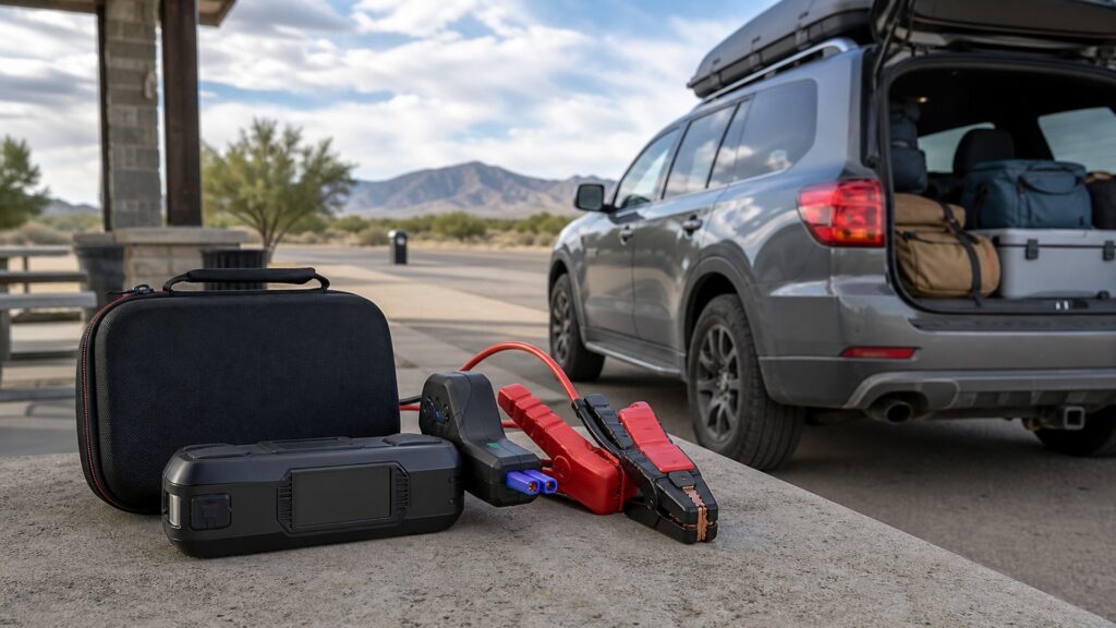 lithium jump starters shopping setup for long-distance road trips with practical vehicle-focused details