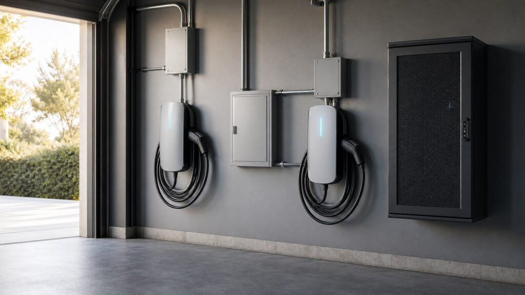 networked charging stations shopping setup for garage electrical planning with practical vehicle-focused details