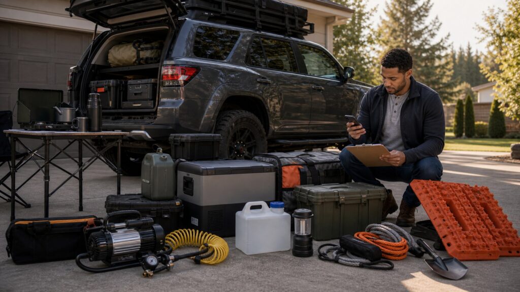 off-road accessories shopping setup for remote camping gear lists with practical vehicle-focused details