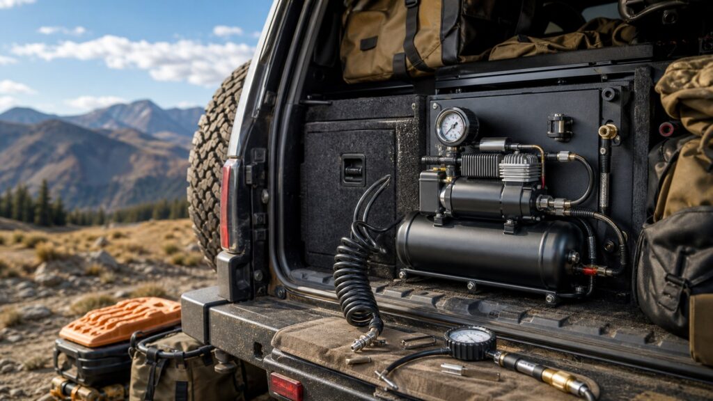 onboard air compressors shopping setup for self-reliant travel prep with practical vehicle-focused details