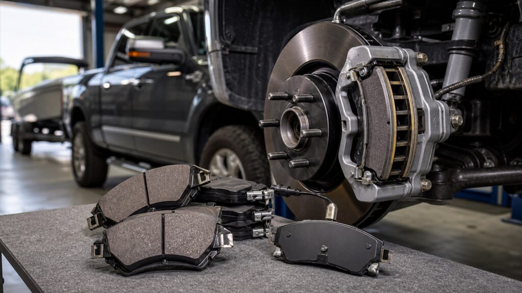 performance brake pads shopping setup for towing and load performance with practical vehicle-focused details