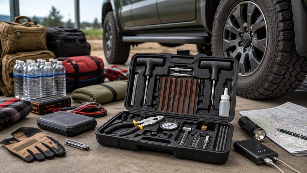 plug repair kits shopping setup for disaster and evacuation planning with practical vehicle-focused details