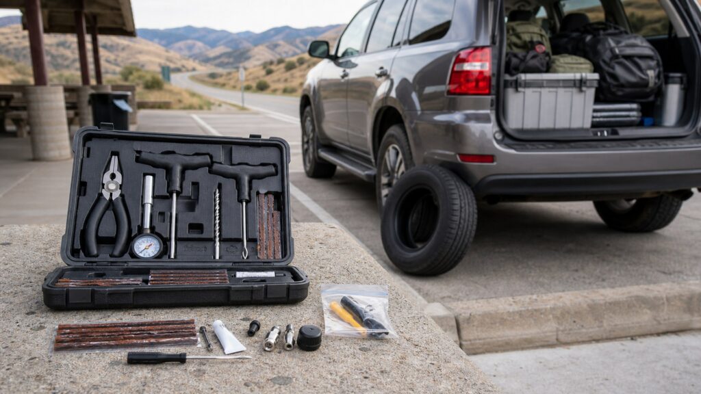 plug repair kits shopping setup for long-distance road trips with practical vehicle-focused details