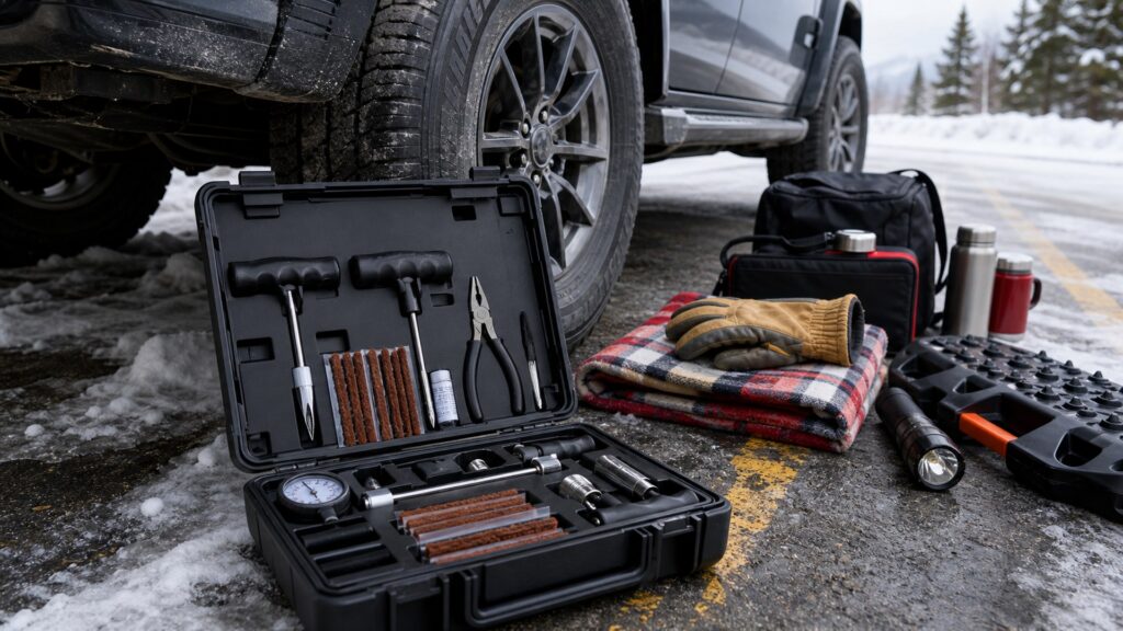 plug repair kits shopping setup for winter travel kits with practical vehicle-focused details