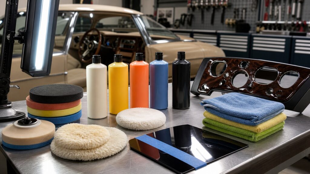polishing compounds shopping setup for interior restoration projects with practical vehicle-focused details
