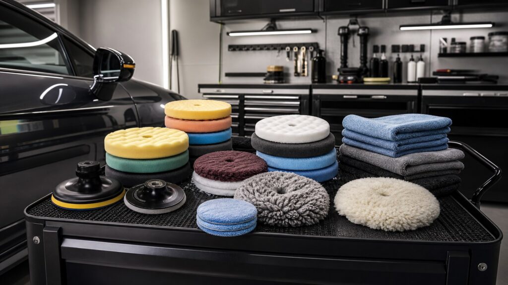 polishing pads shopping setup for professional detailer workflows with practical vehicle-focused details