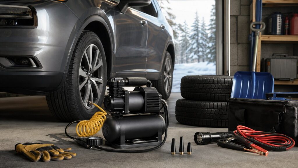 portable air compressors shopping setup for seasonal driving conditions with practical vehicle-focused details