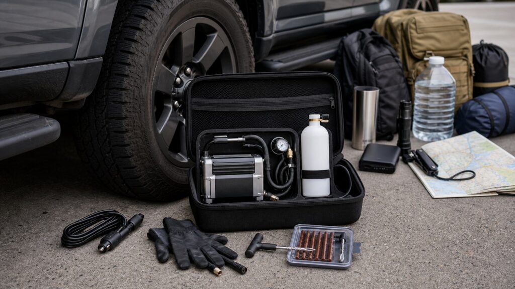 portable tire sealant systems shopping setup for disaster and evacuation planning with practical vehicle-focused details