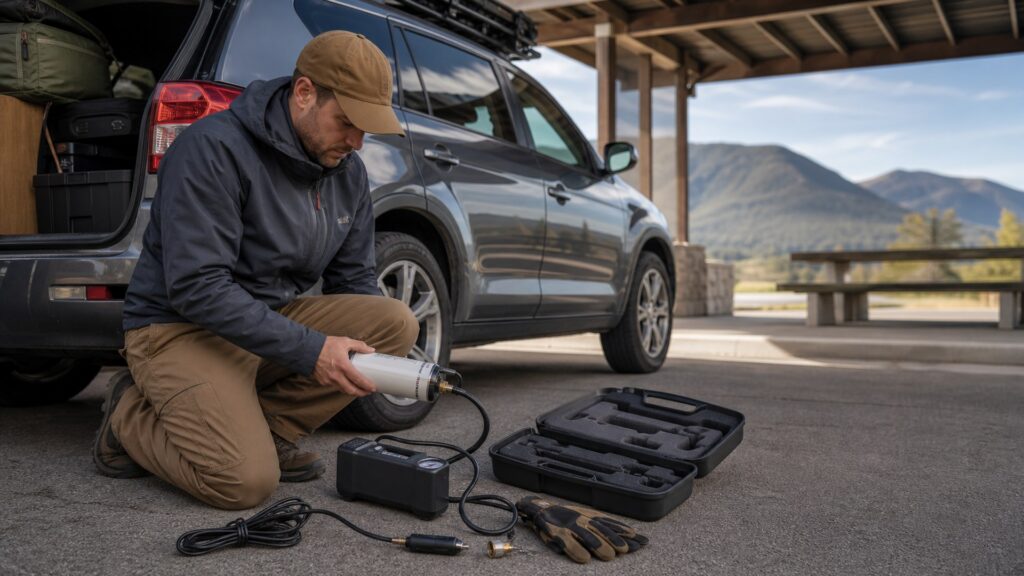 portable tire sealant systems shopping setup for long-distance road trips with practical vehicle-focused details