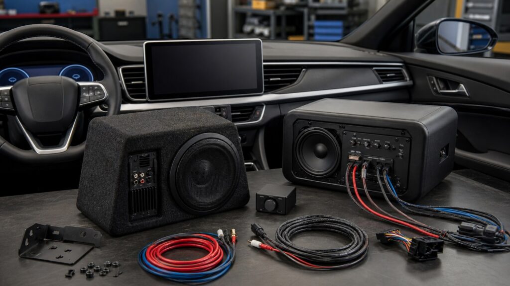 powered subwoofer systems shopping setup for screen, sensor, and app integration with practical vehicle-focused details