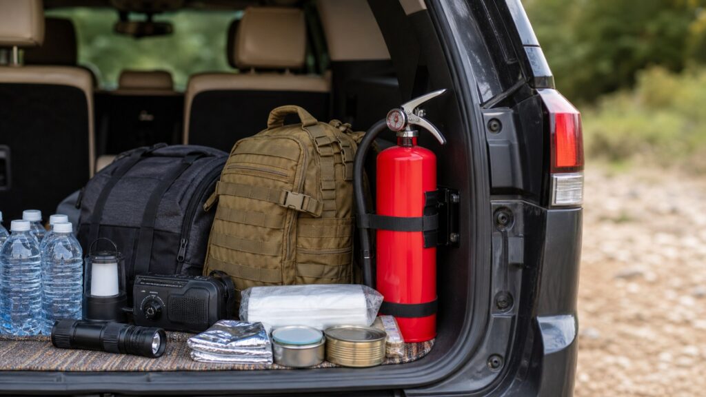 rechargeable fire extinguishers shopping setup for disaster and evacuation planning with practical vehicle-focused details