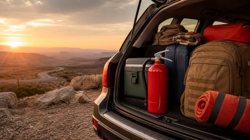 rechargeable fire extinguishers shopping setup for long-distance road trips with practical vehicle-focused details