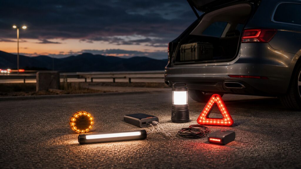 rechargeable safety lights shopping setup for long-distance road trips with practical vehicle-focused details