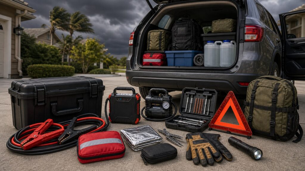roadside emergency kits shopping setup for disaster and evacuation planning with practical vehicle-focused details