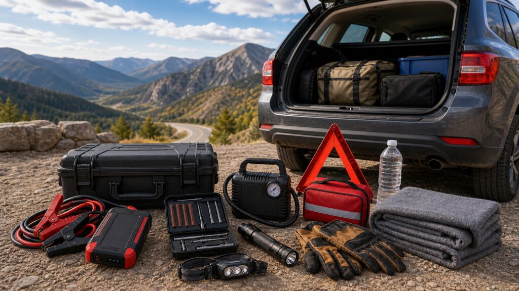 roadside emergency kits shopping setup for long-distance road trips with practical vehicle-focused details