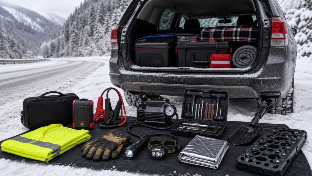 roadside emergency kits shopping setup for winter travel kits with practical vehicle-focused details