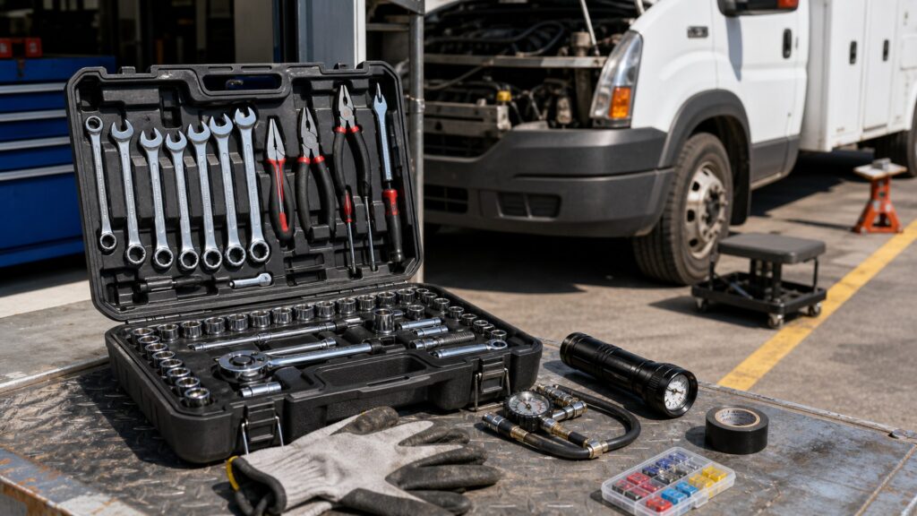 roadside tool kits shopping setup for commercial vehicle readiness with practical vehicle-focused details