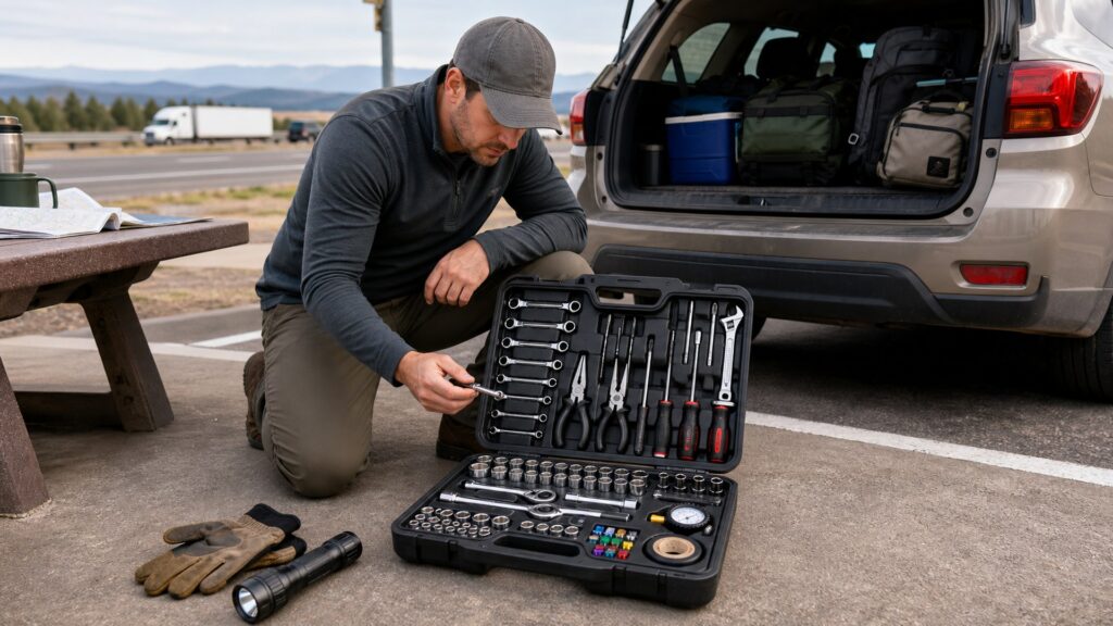 roadside tool kits shopping setup for long-distance road trips with practical vehicle-focused details