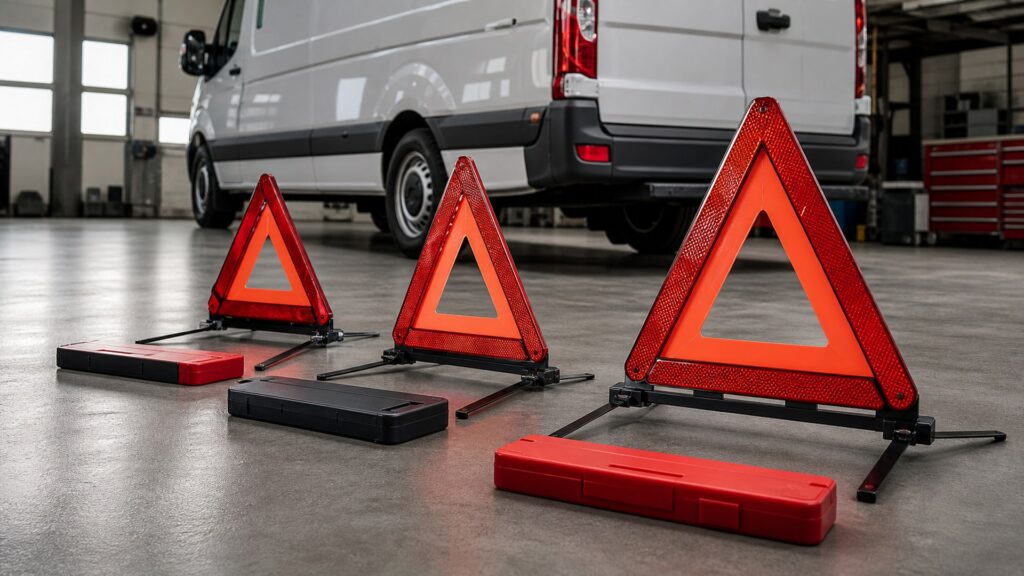 roadside warning triangles shopping setup for commercial vehicle readiness with practical vehicle-focused details
