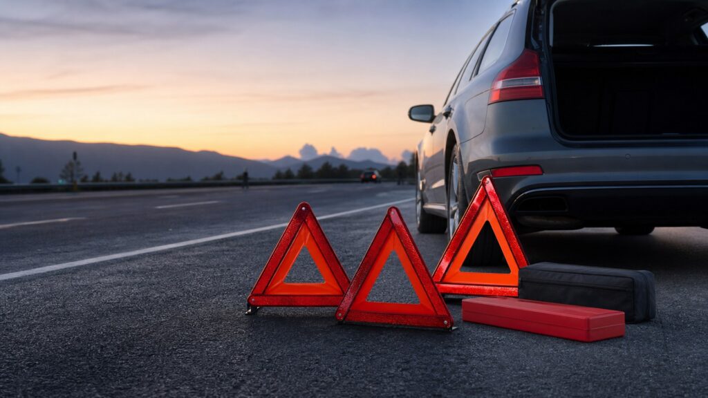 roadside warning triangles shopping setup for long-distance road trips with practical vehicle-focused details