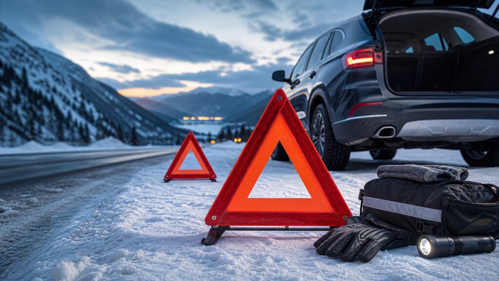 roadside warning triangles shopping setup for winter travel kits with practical vehicle-focused details