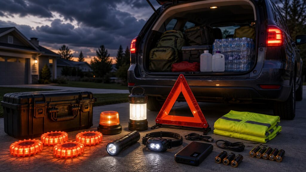 safety lighting shopping setup for disaster and evacuation planning with practical vehicle-focused details