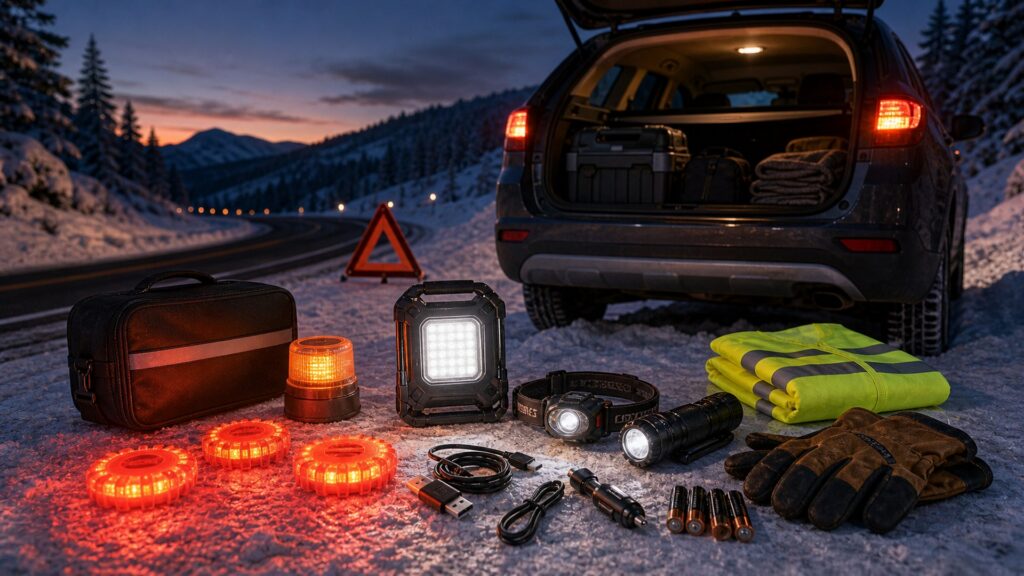 safety lighting shopping setup for winter travel kits with practical vehicle-focused details
