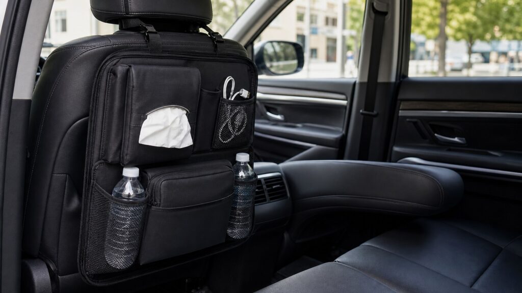 seat back organizers shopping setup for ride-share and commuter cars with practical vehicle-focused details