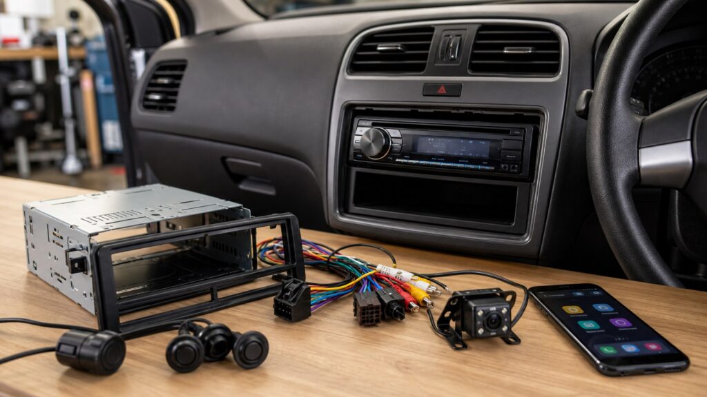 single din head units shopping setup for screen, sensor, and app integration with practical vehicle-focused details