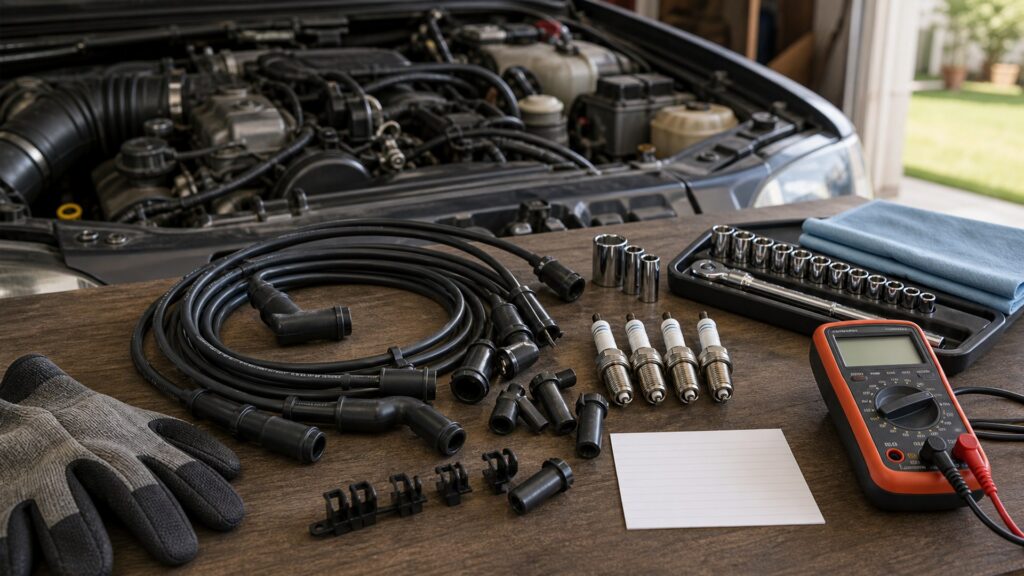 spark plug wires shopping setup for home garage repair projects with practical vehicle-focused details