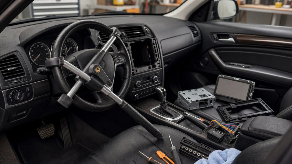 steering wheel locks shopping setup for in-dash upgrade planning with practical vehicle-focused details