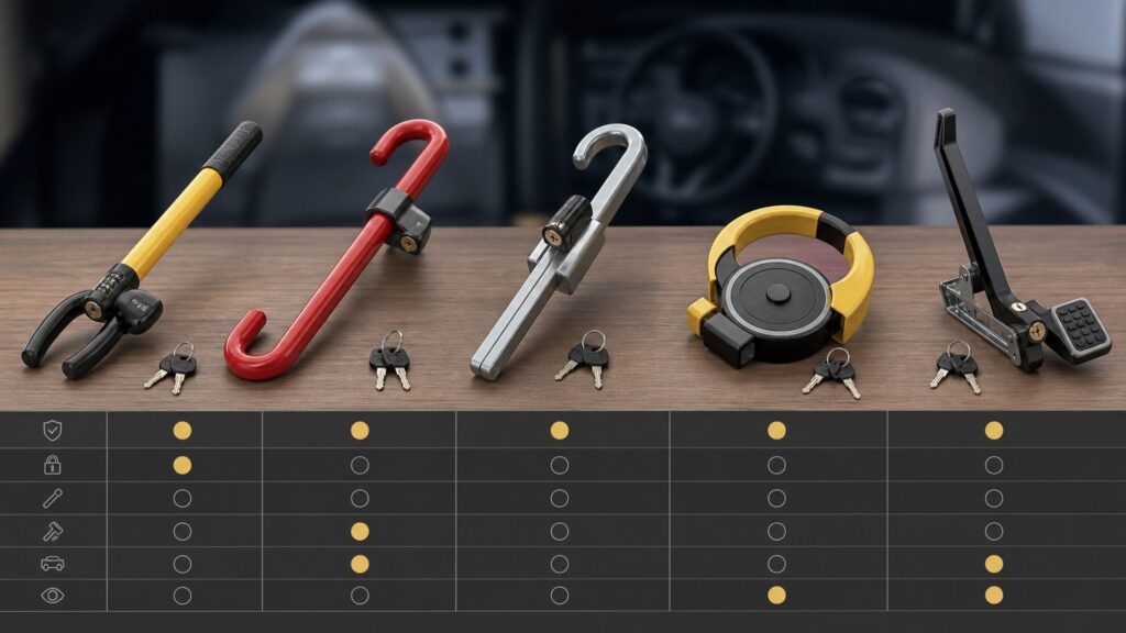 steering wheel locks shopping setup for vehicle security systems feature comparisons with practical vehicle-focused details