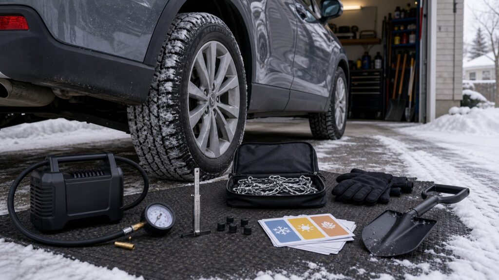 tire maintenance tools shopping setup for seasonal driving conditions with practical vehicle-focused details