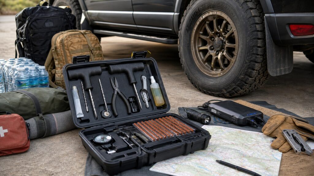 tire plug kits shopping setup for disaster and evacuation planning with practical vehicle-focused details