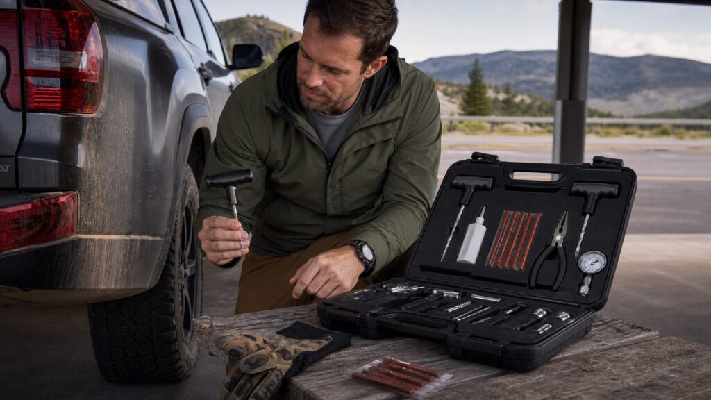tire plug kits shopping setup for long-distance road trips with practical vehicle-focused details