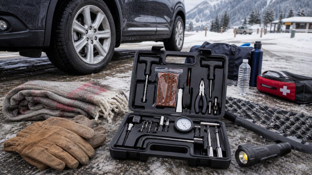 tire plug kits shopping setup for winter travel kits with practical vehicle-focused details
