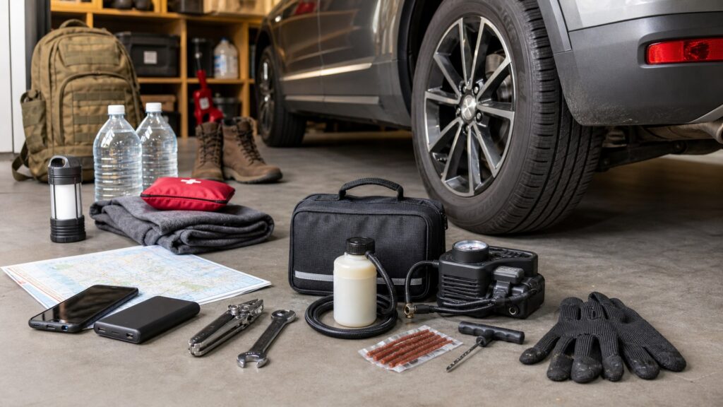 tire sealant kits shopping setup for disaster and evacuation planning with practical vehicle-focused details