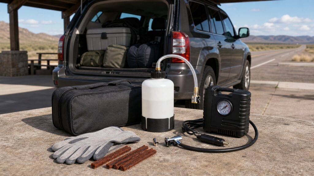 tire sealant kits shopping setup for long-distance road trips with practical vehicle-focused details