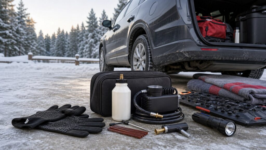 tire sealant kits shopping setup for winter travel kits with practical vehicle-focused details