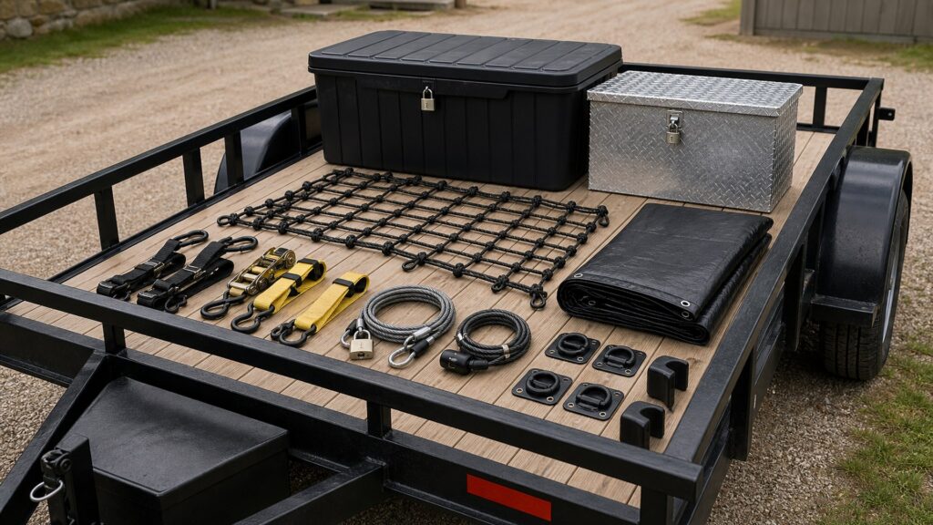 trailer accessories shopping setup for cargo security and storage with practical vehicle-focused details