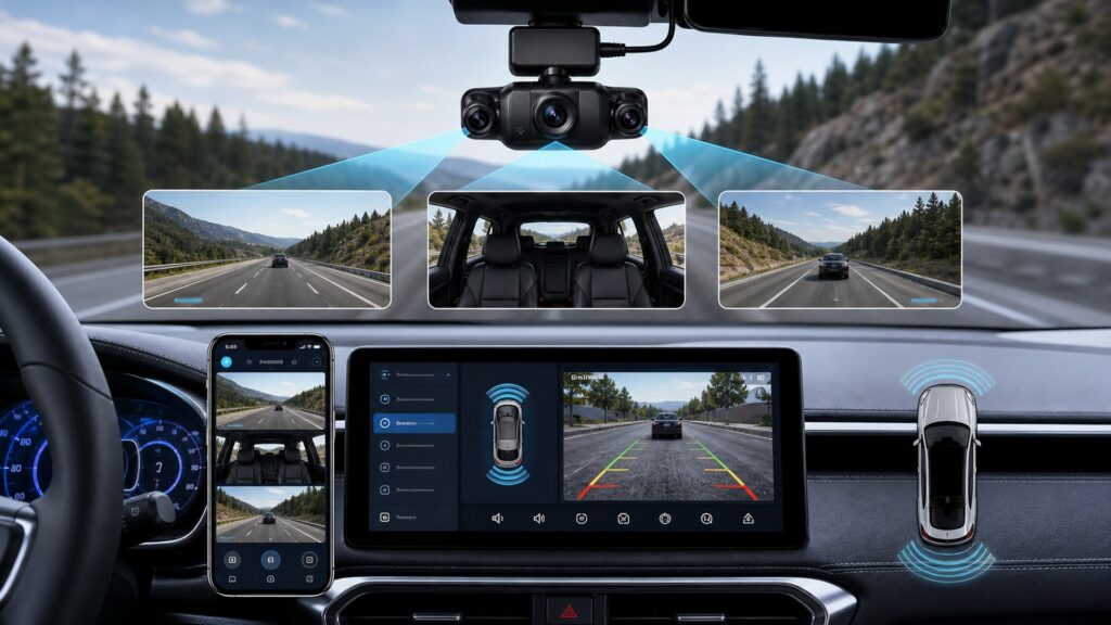 triple-channel dash cameras shopping setup for screen, sensor, and app integration with practical vehicle-focused details