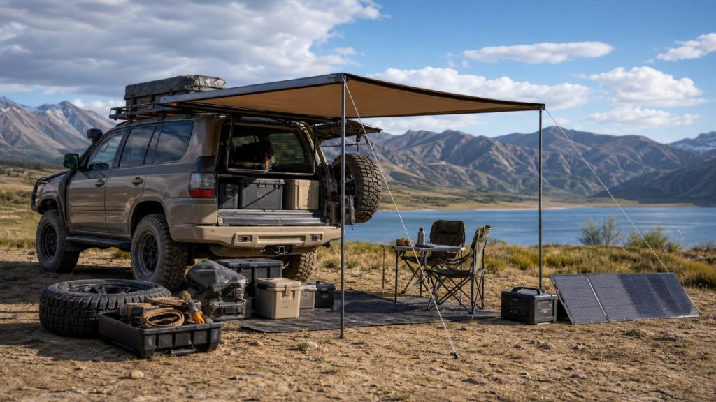 vehicle awnings shopping setup for self-reliant travel prep with practical vehicle-focused details