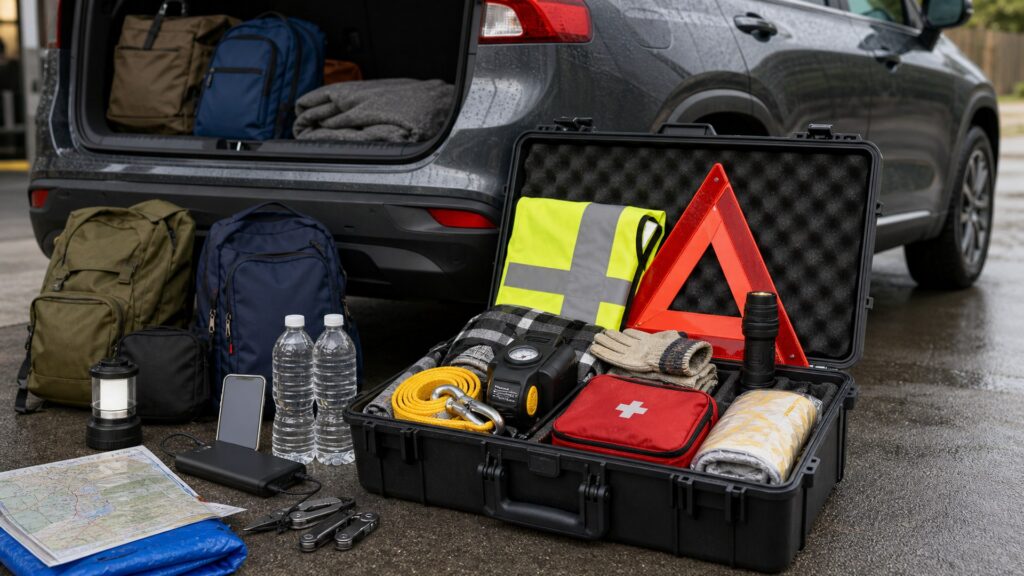 vehicle emergency kits shopping setup for disaster and evacuation planning with practical vehicle-focused details