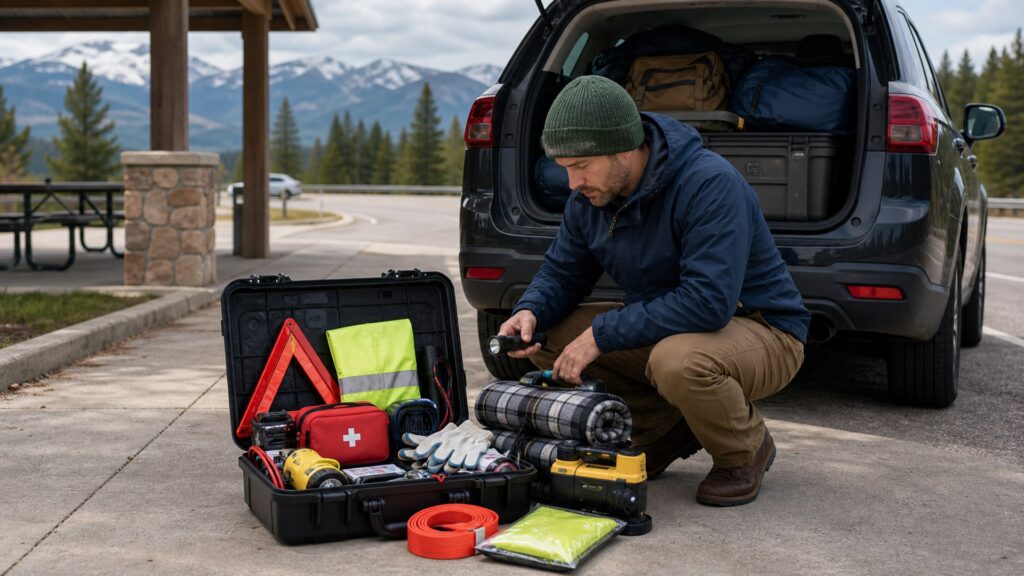 vehicle emergency kits shopping setup for long-distance road trips with practical vehicle-focused details