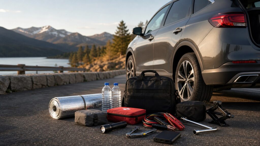 vehicle survival kits shopping setup for long-distance road trips with practical vehicle-focused details